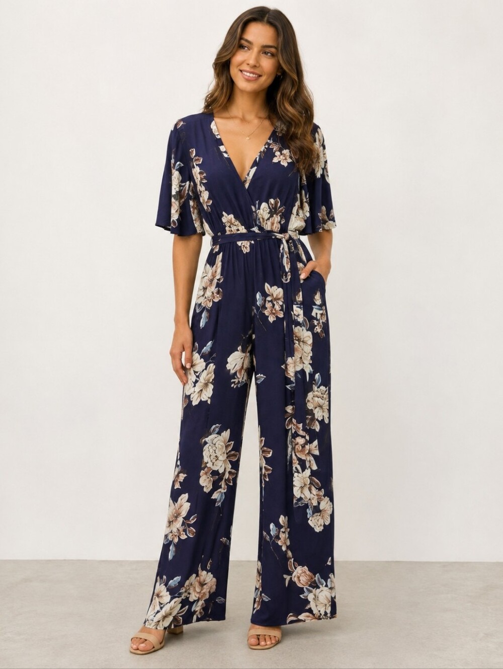 Band of Gypsies XS Navy Floral Wide Leg Jumpsuit Belted Boho Resort Pockets